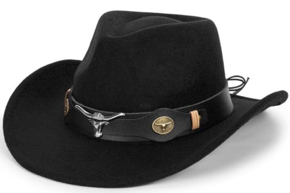 3510 Wide Brim Western Cowboy Hat Fedora-Jazz-Hat with Bull Head Band